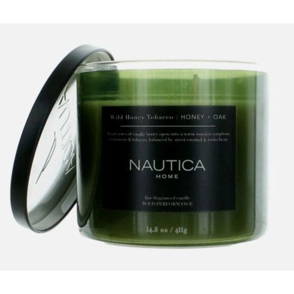 NAUTICA Home Scented Candle Wild Honey Tobacco 3 Wick 14.5oz Soy Wax Blend Jar - Picture 1 of 2